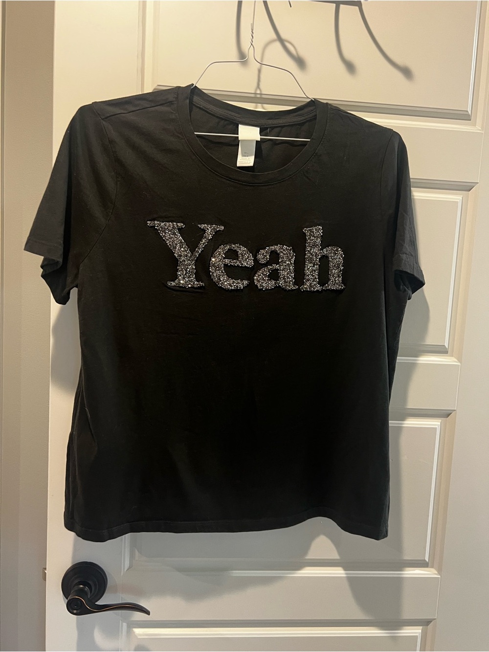 H&M Black Tee with Silver Glitter 'Yeah' Graphic
